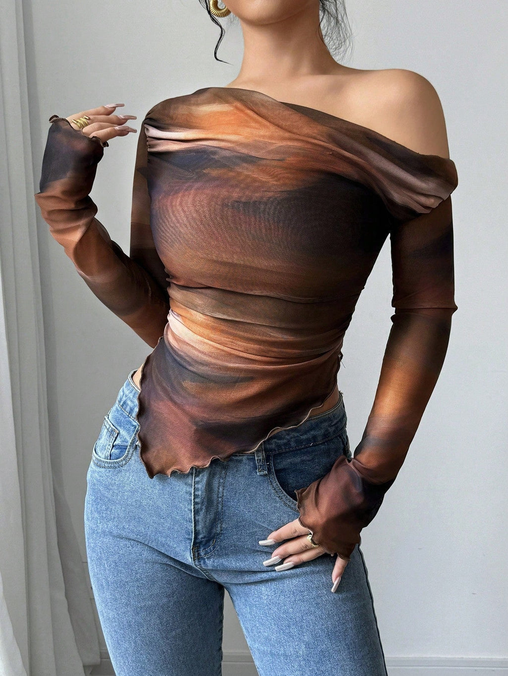 Women's Asymmetric Neck Tie Dye Print Long Sleeve Fitted Fashion T-Shirt