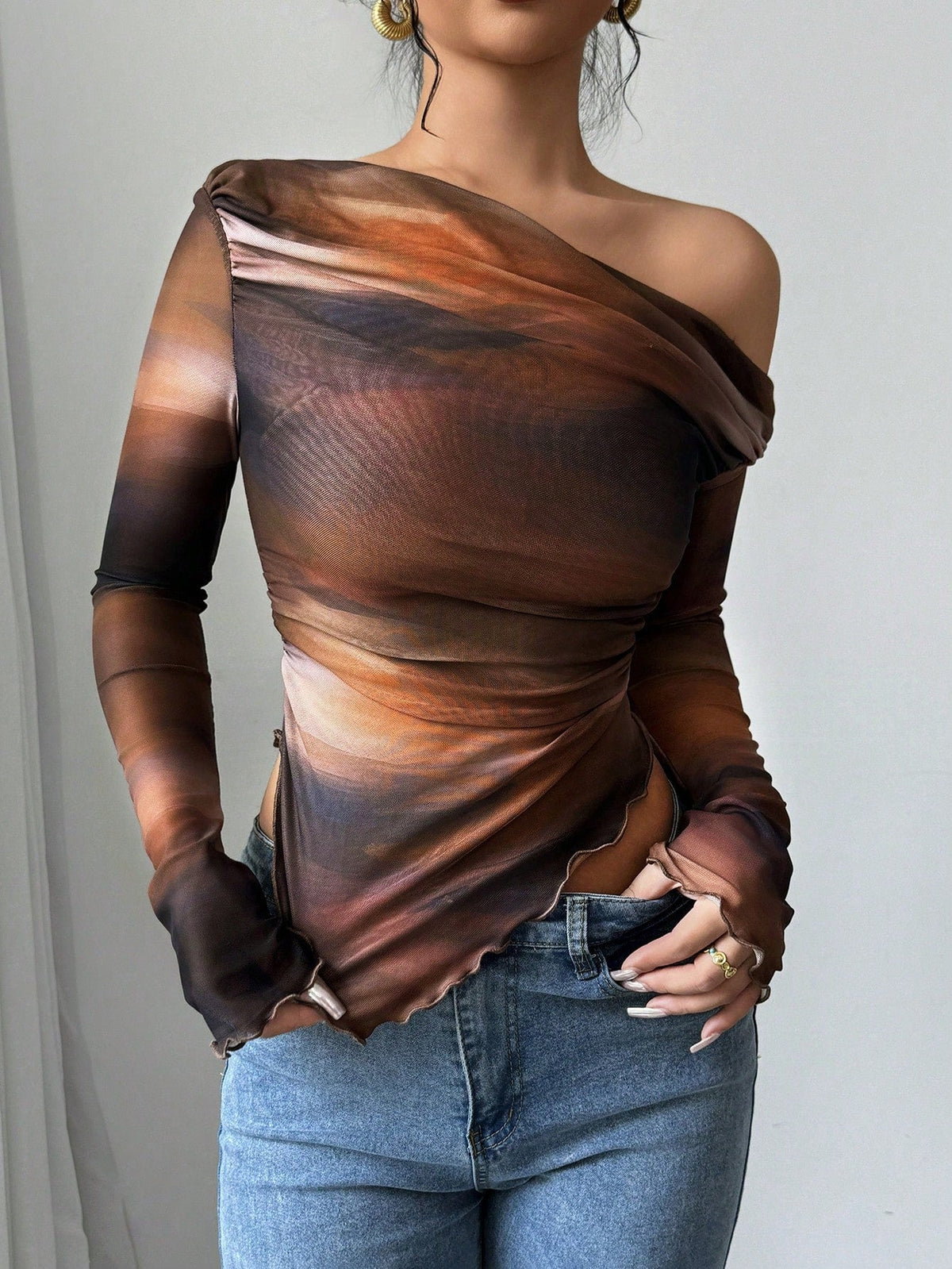 Women's Asymmetric Neck Tie Dye Print Long Sleeve Fitted Fashion T-Shirt