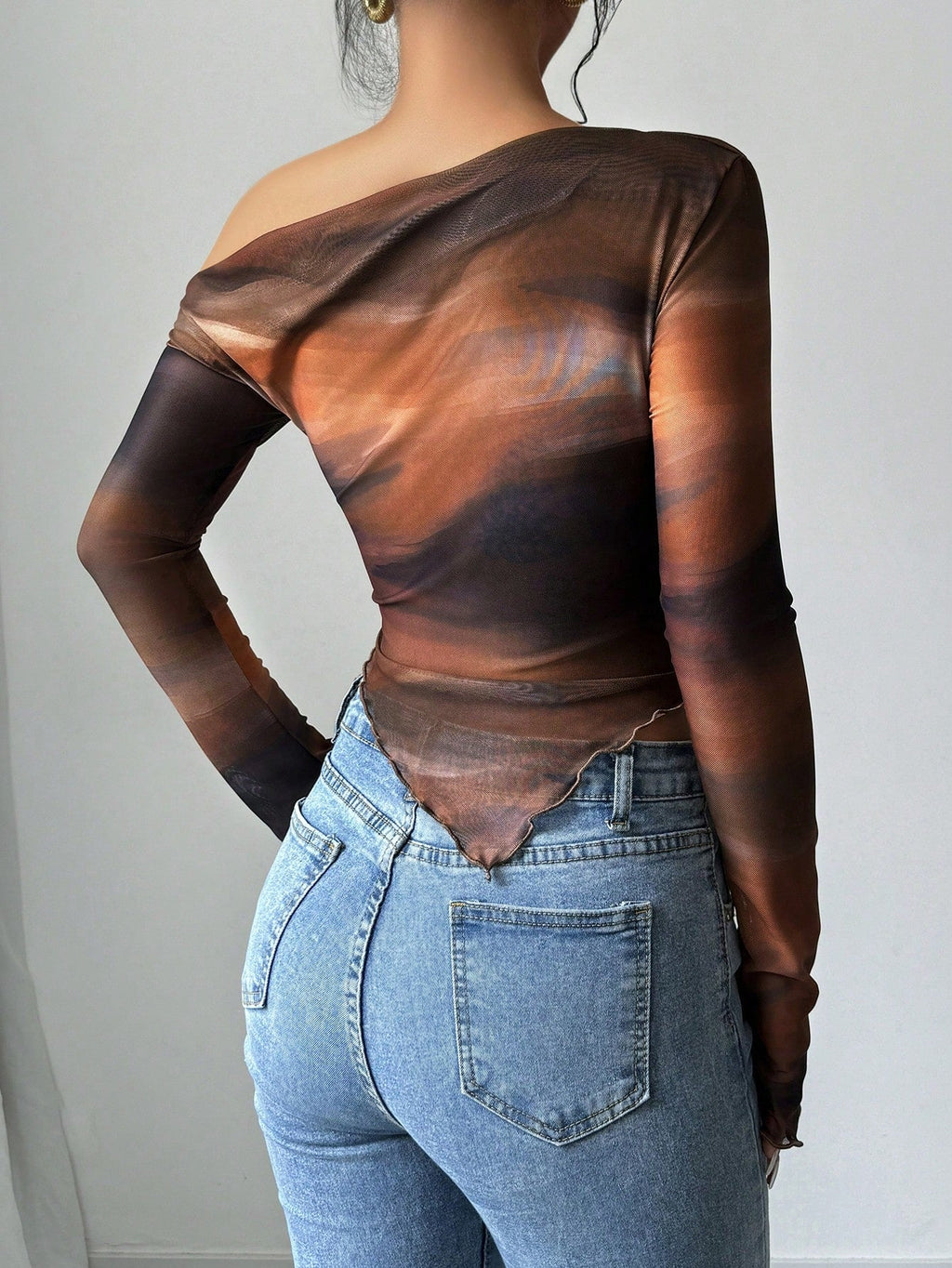 Women's Asymmetric Neck Tie Dye Print Long Sleeve Fitted Fashion T-Shirt