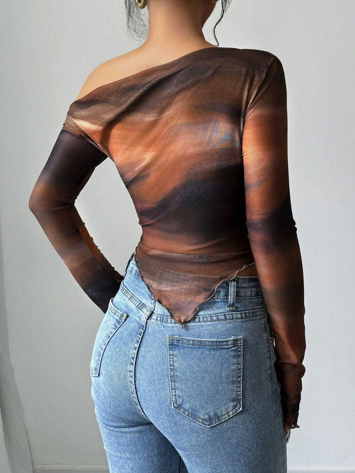 Women's Asymmetric Neck Tie Dye Print Long Sleeve Fitted Fashion T-Shirt