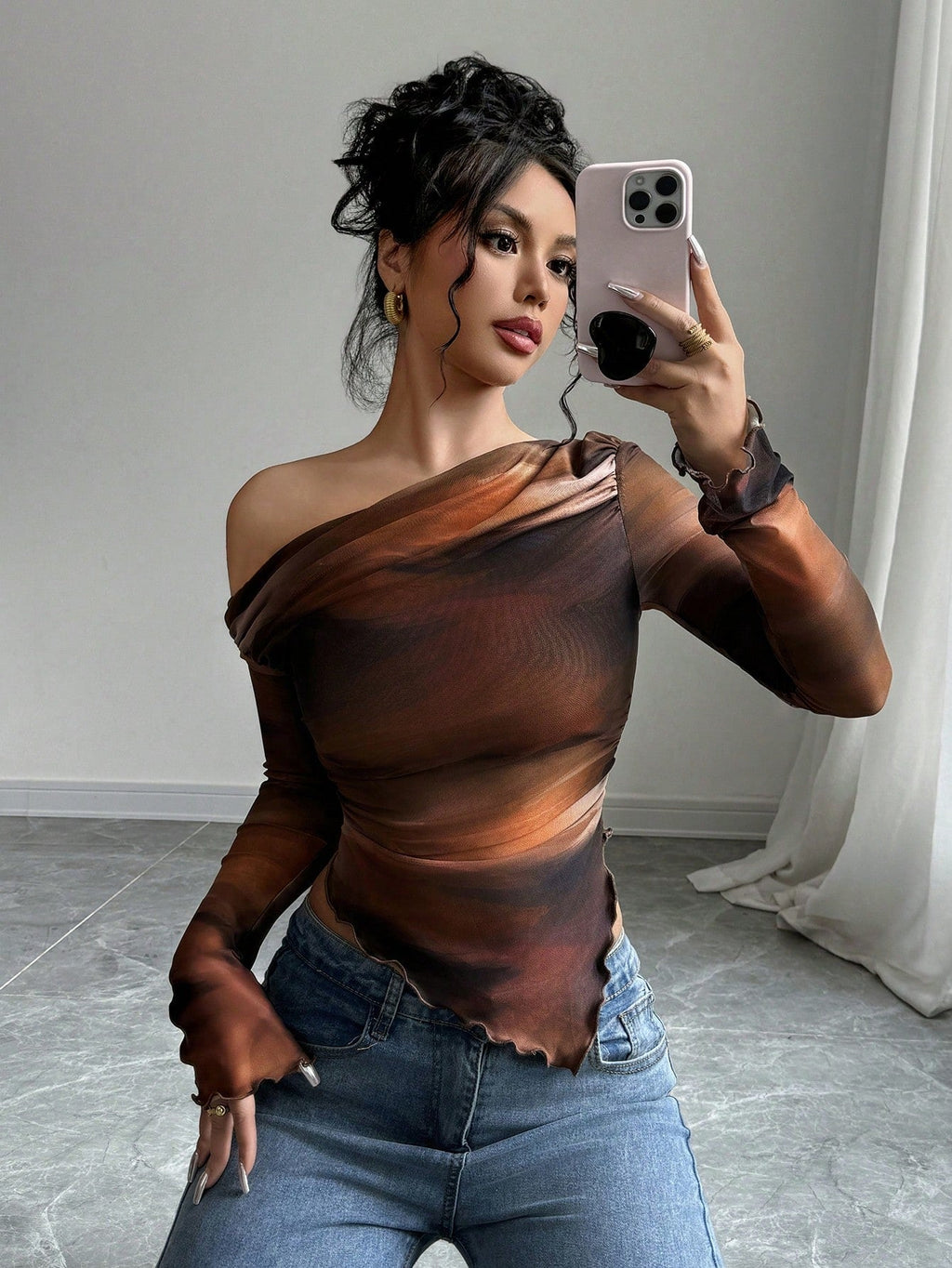 Women's Asymmetric Neck Tie Dye Print Long Sleeve Fitted Fashion T-Shirt