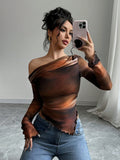 Women's Asymmetric Neck Tie Dye Print Long Sleeve Fitted Fashion T-Shirt