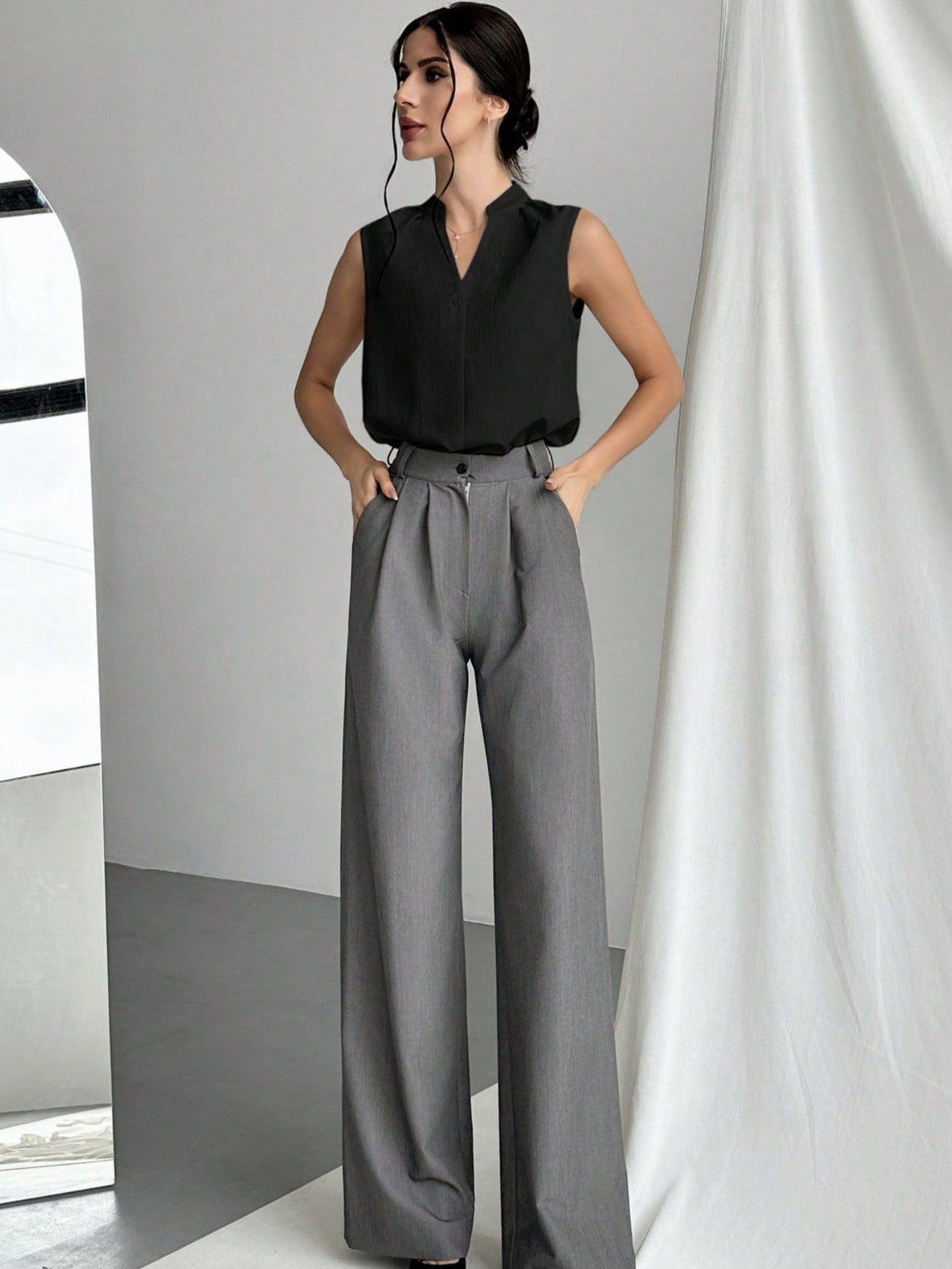Women's Chic & Elegant Office Wear V-Neck Blouse With Simple Design And Feminine Details,Sleeveless Tops