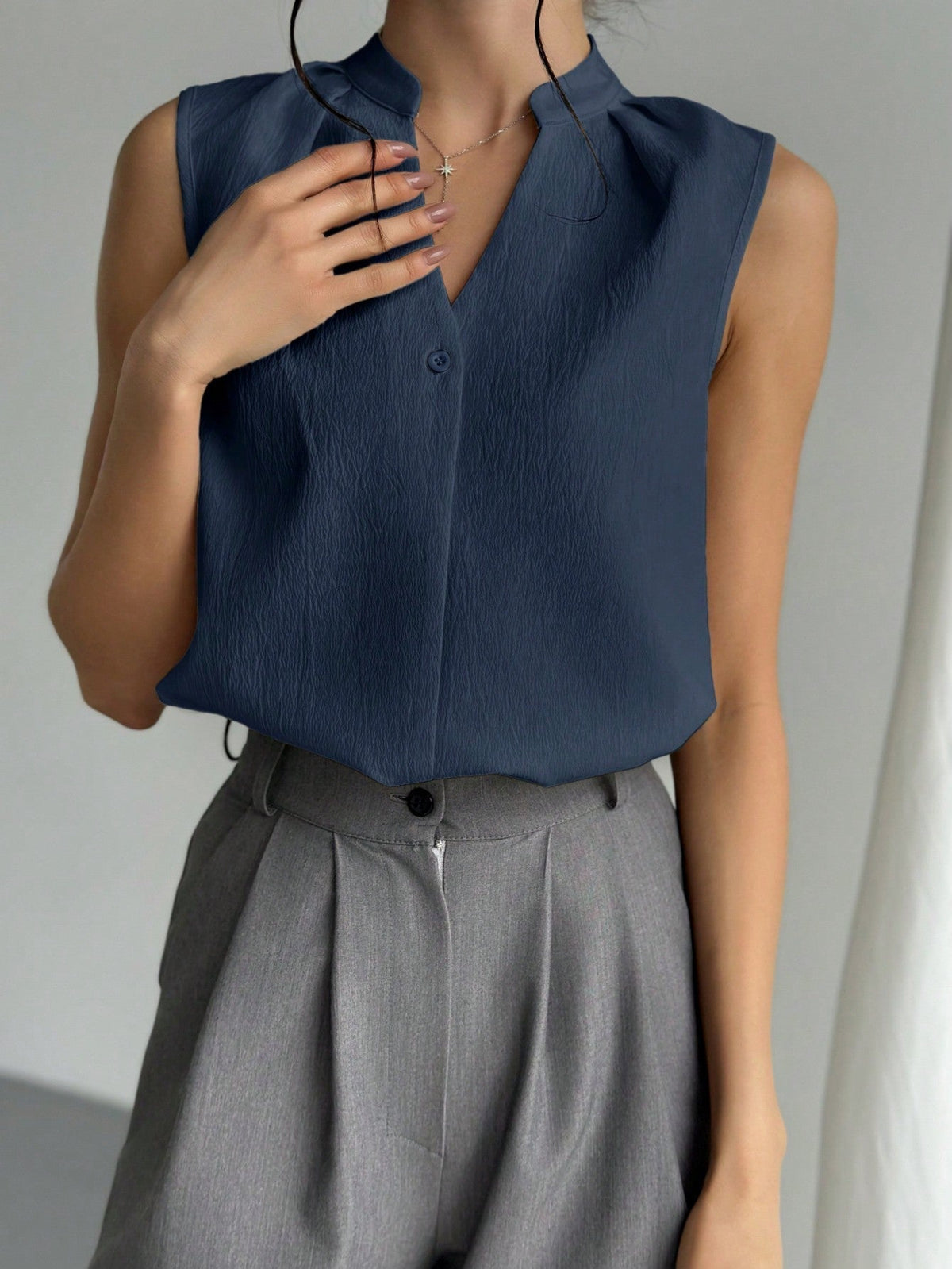 Women's Chic & Elegant Office Wear V-Neck Blouse With Simple Design And Feminine Details,Sleeveless Tops