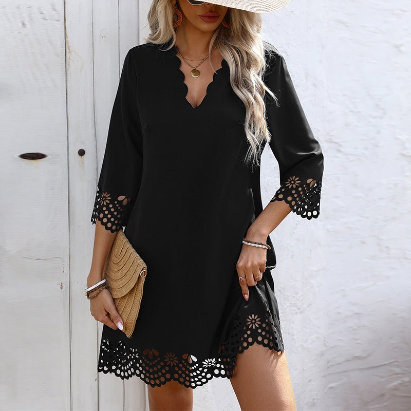 The Lace Petal | Women's Lace Collar Petal Sleeve A-Line Midi Dress