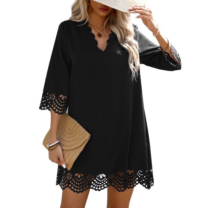 The Lace Petal | Women's Lace Collar Petal Sleeve A-Line Midi Dress