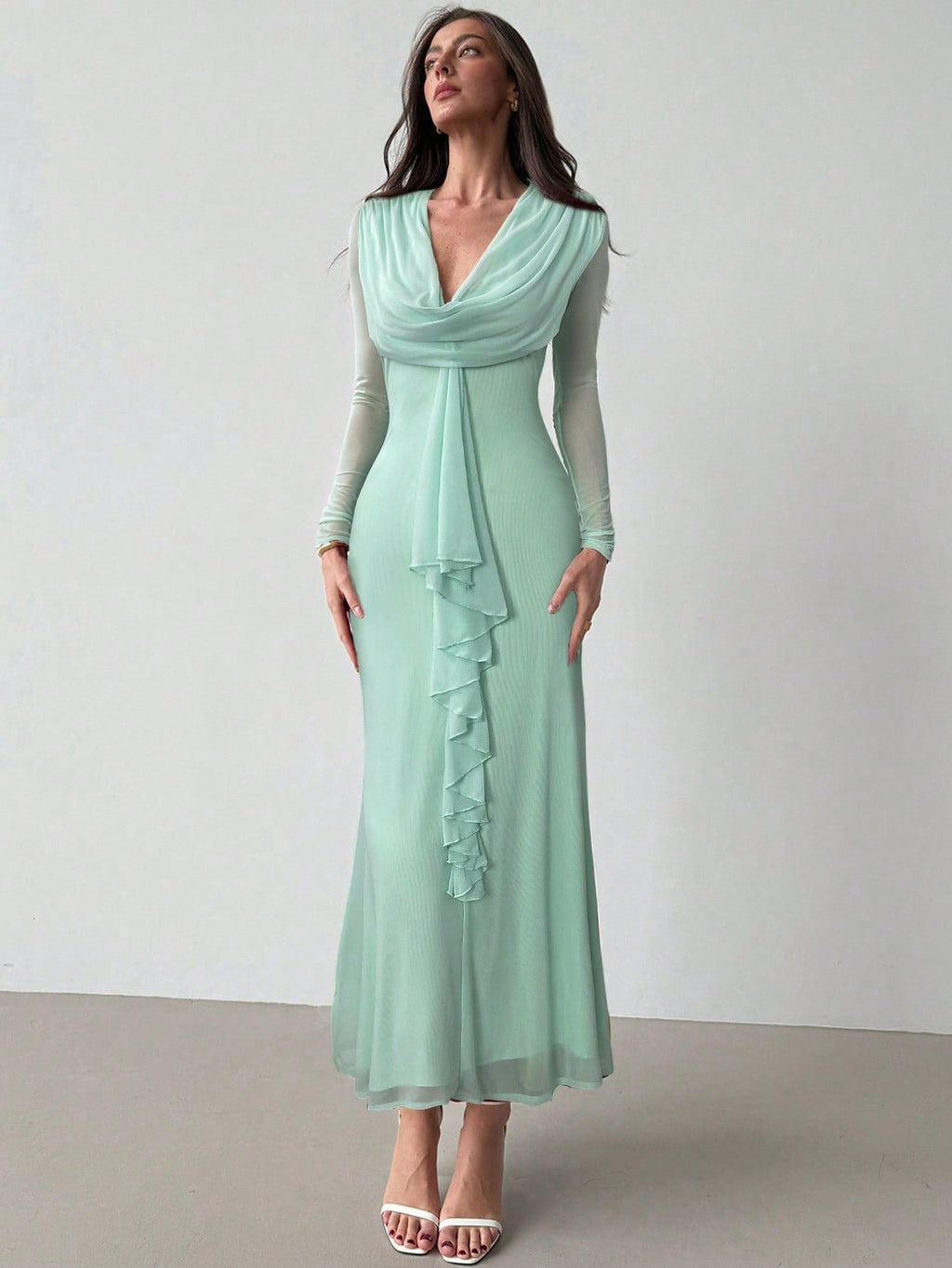 Women's Deep Draped Neck Pendant Ruffle Hem Mesh Dress, Sxy Party Christmas Gown