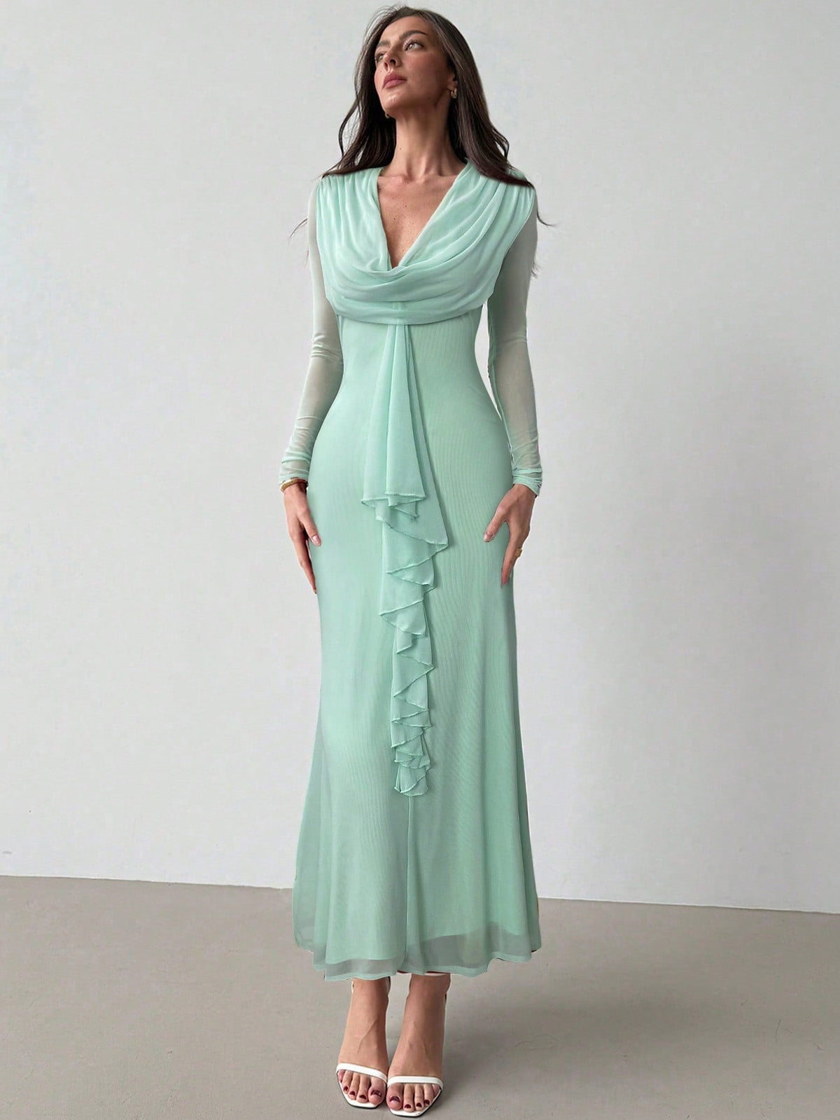 Women's Deep Draped Neck Pendant Ruffle Hem Mesh Dress, Sxy Party Christmas Gown