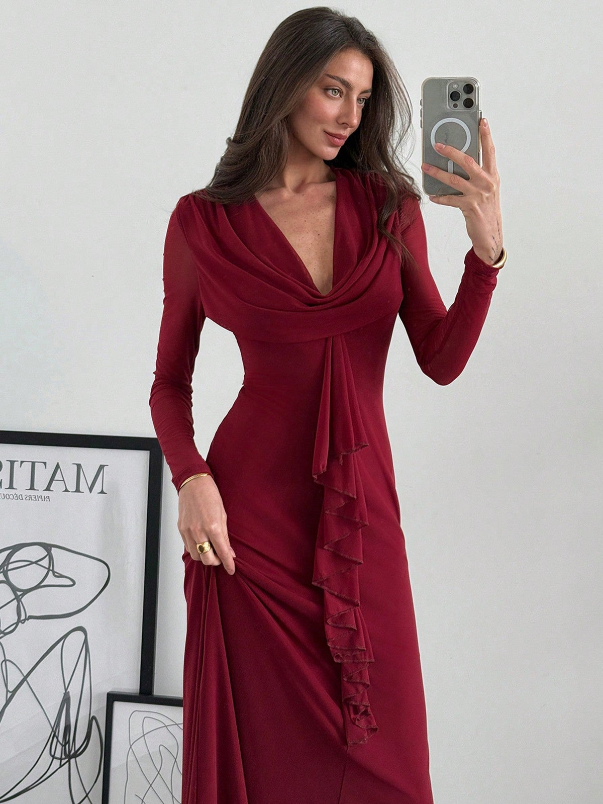 Women's Deep Draped Neck Pendant Ruffle Hem Mesh Dress, Sxy Party Christmas Gown