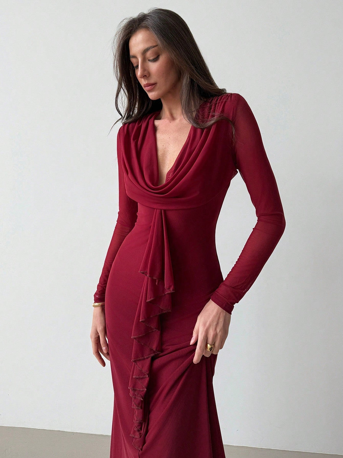 Women's Deep Draped Neck Pendant Ruffle Hem Mesh Dress, Sxy Party Christmas Gown