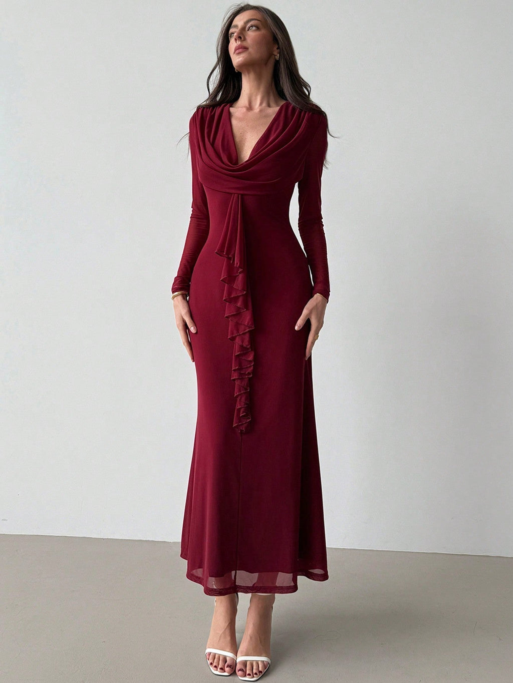 Women's Deep Draped Neck Pendant Ruffle Hem Mesh Dress, Sxy Party Christmas Gown