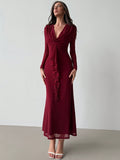 Women's Deep Draped Neck Pendant Ruffle Hem Mesh Dress, Sxy Party Christmas Gown
