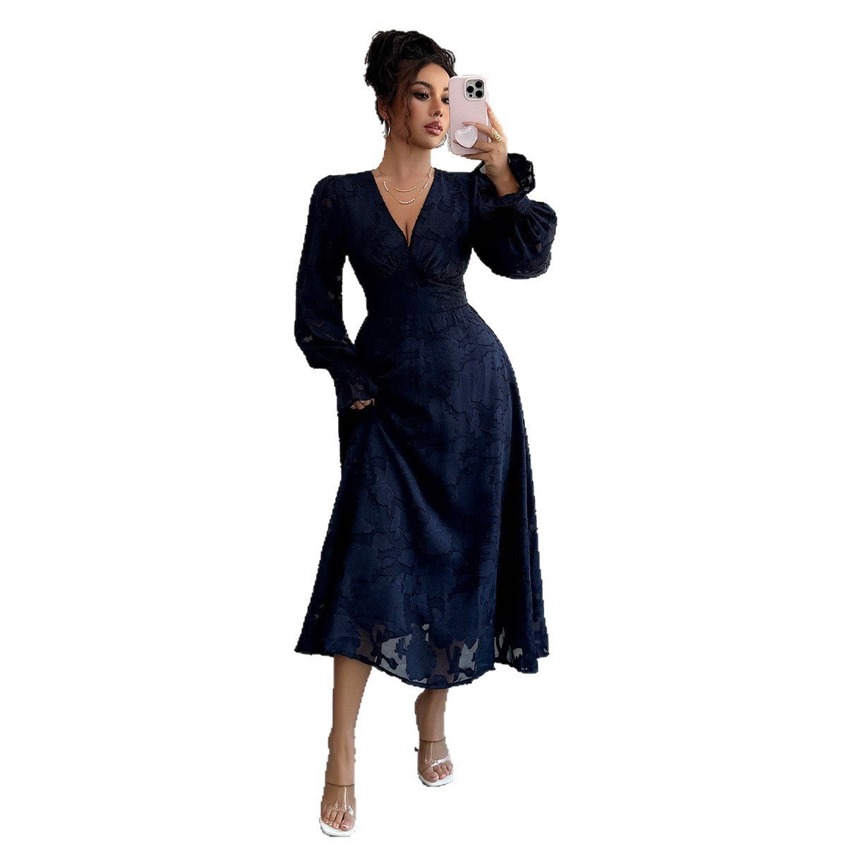 The Timeless Navy | Solid Color V-Neck A-Line Long Dress