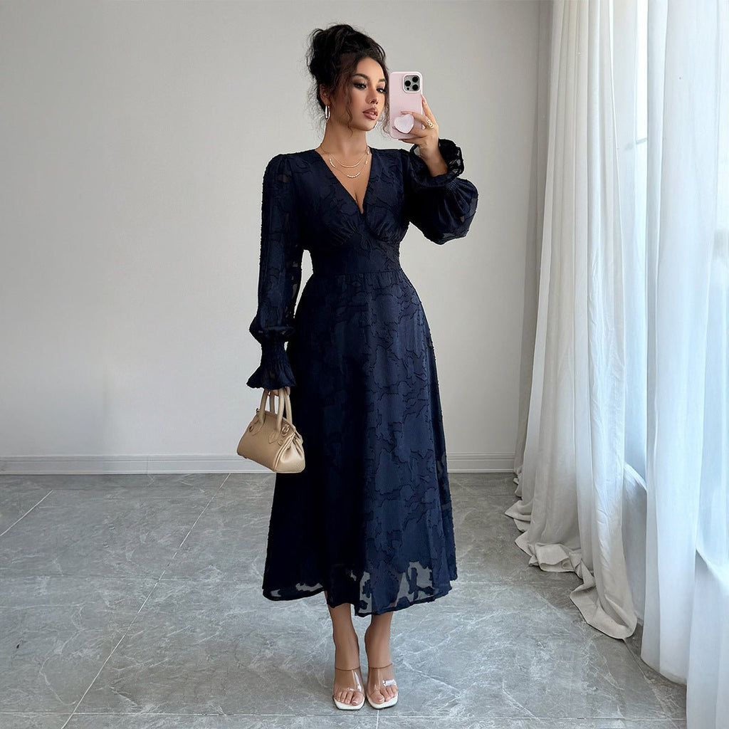 The Timeless Navy | Solid Color V-Neck A-Line Long Dress