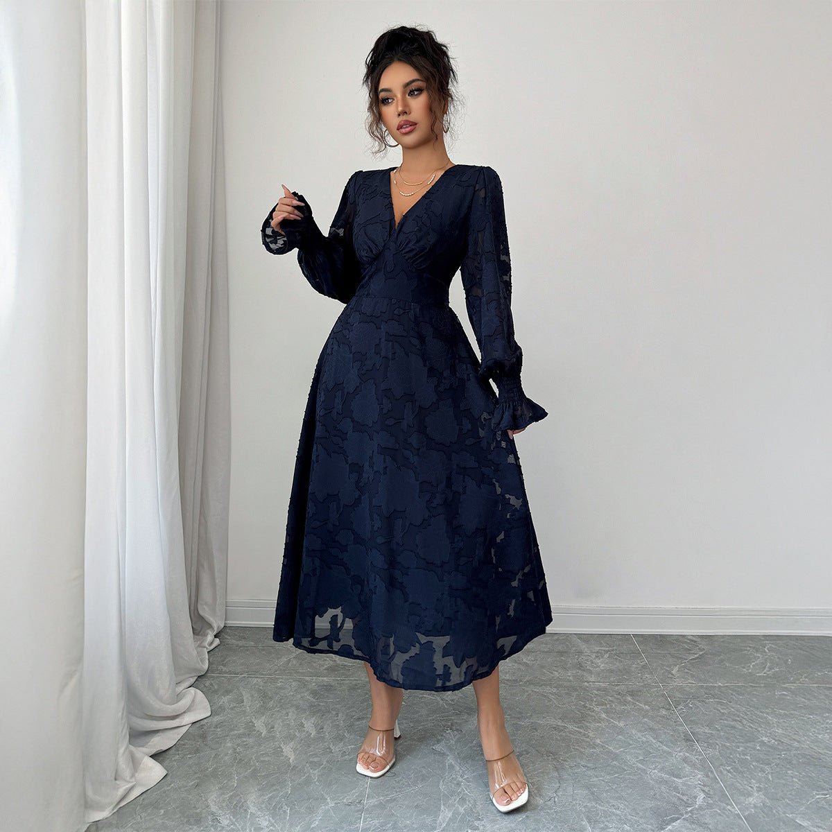 The Timeless Navy | Solid Color V-Neck A-Line Long Dress