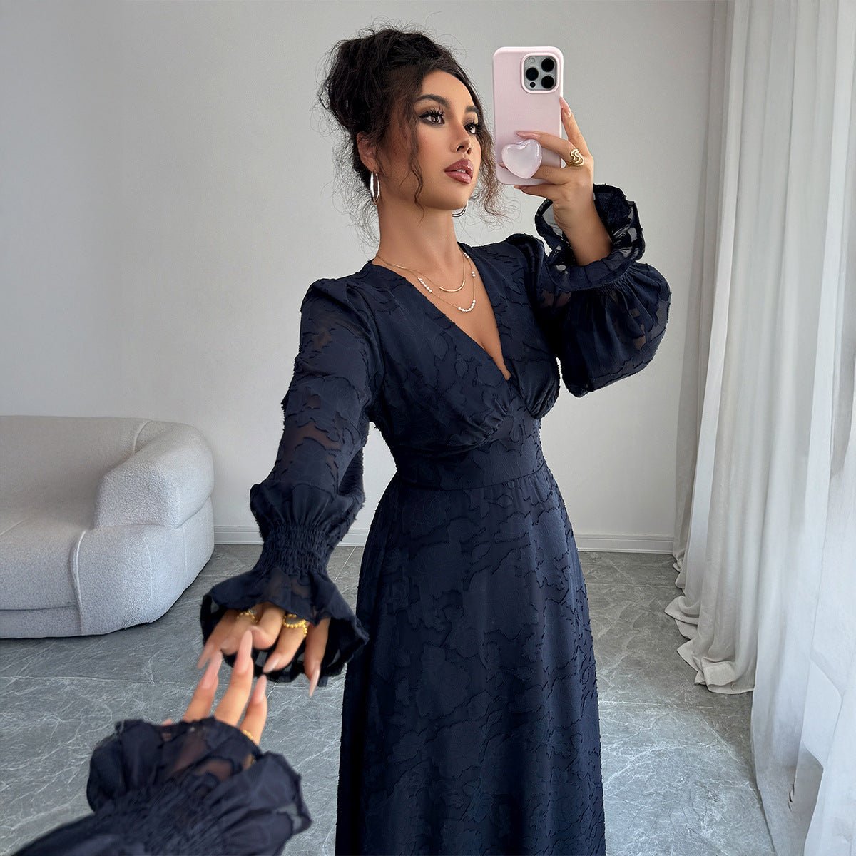 The Timeless Navy | Solid Color V-Neck A-Line Long Dress