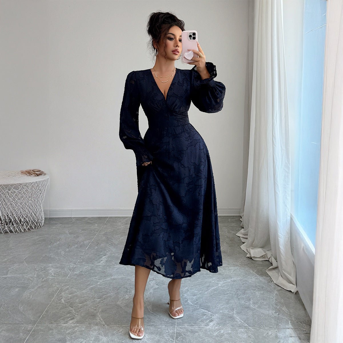 The Timeless Navy | Solid Color V-Neck A-Line Long Dress