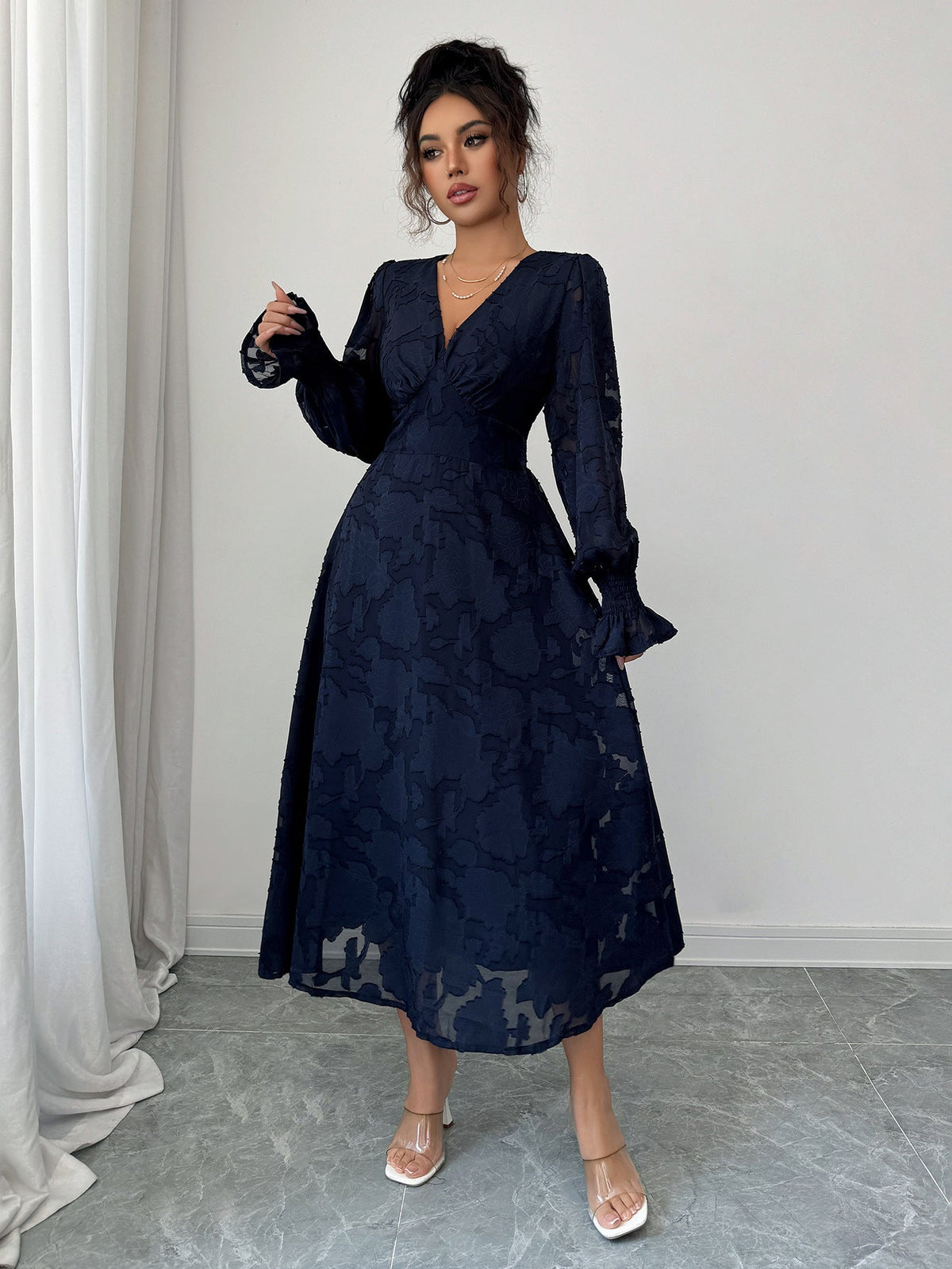 The Timeless Navy | Solid Color V-Neck A-Line Long Dress