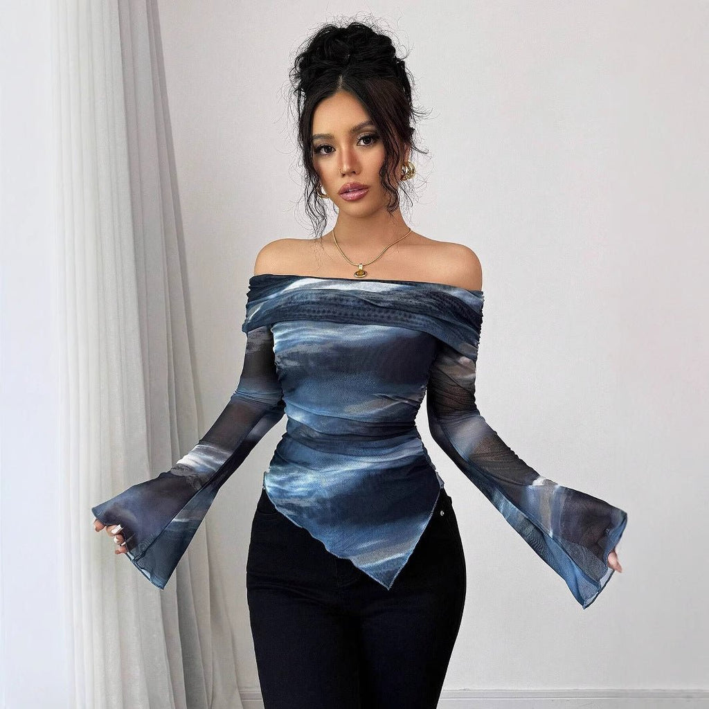 Women's knitted mesh printing one-word collar off-shoulder long-sleeved slim-fitting T-shirt top