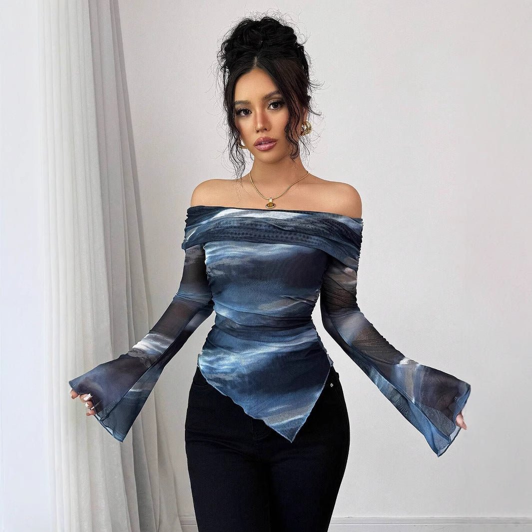 Women's knitted mesh printing one-word collar off-shoulder long-sleeved slim-fitting T-shirt top