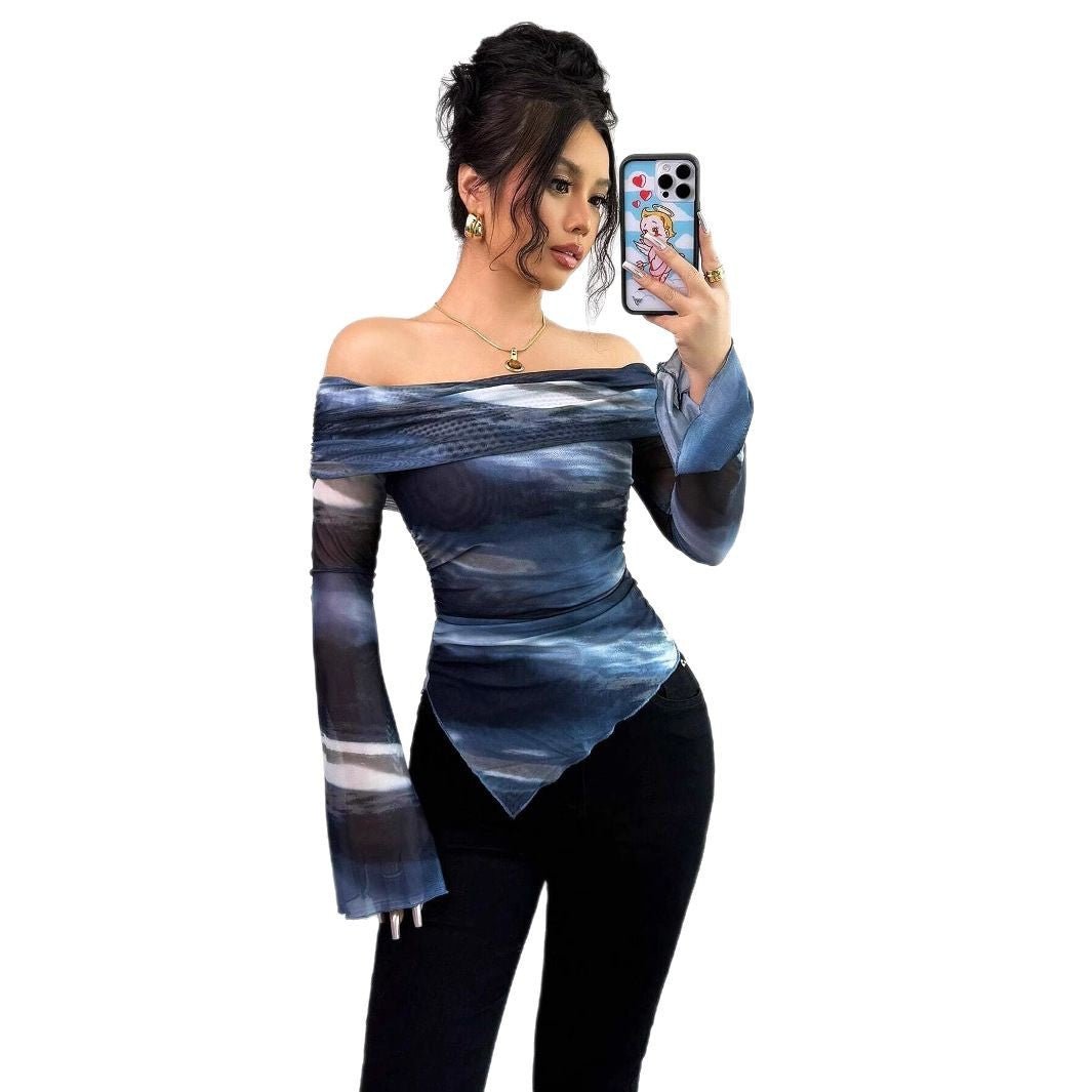 Women's knitted mesh printing one-word collar off-shoulder long-sleeved slim-fitting T-shirt top