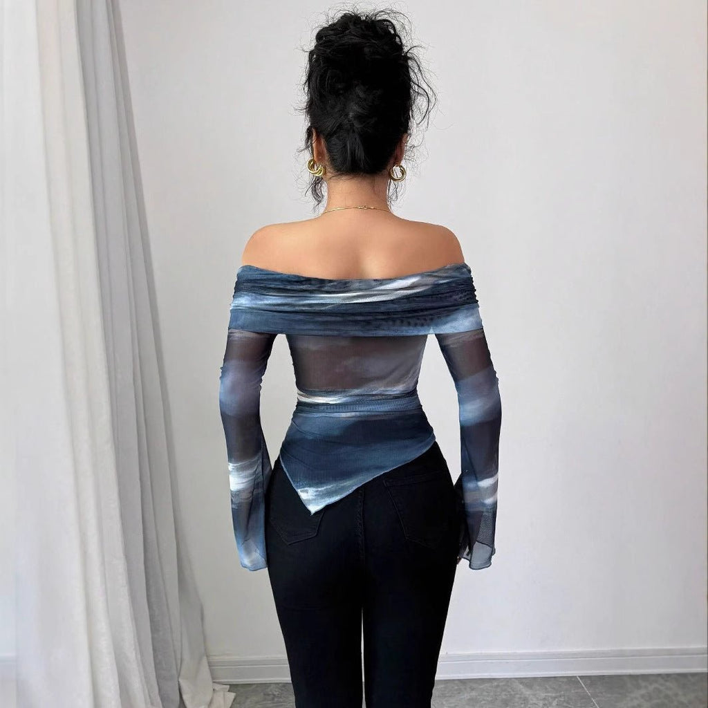 Women's knitted mesh printing one-word collar off-shoulder long-sleeved slim-fitting T-shirt top
