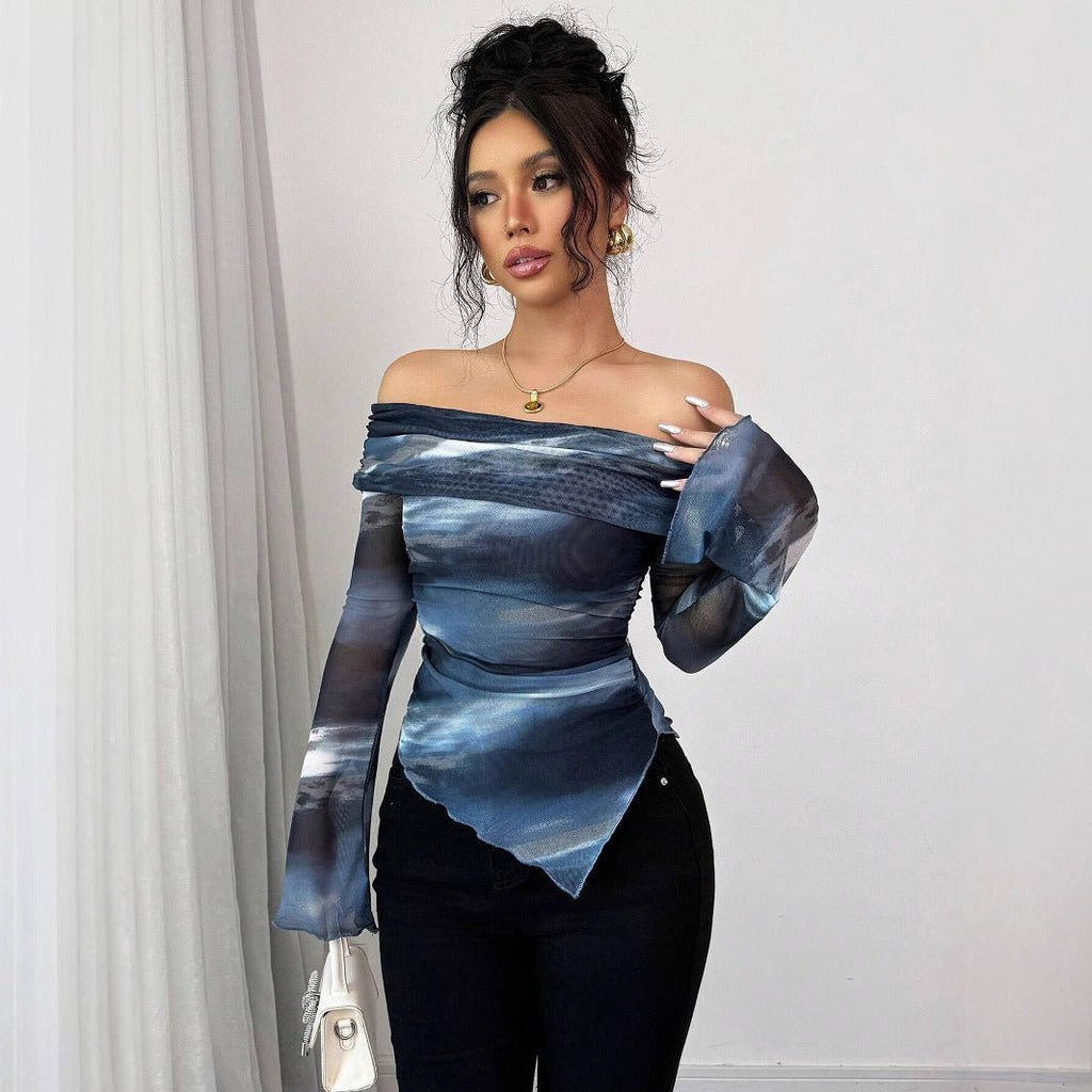 Women's knitted mesh printing one-word collar off-shoulder long-sleeved slim-fitting T-shirt top