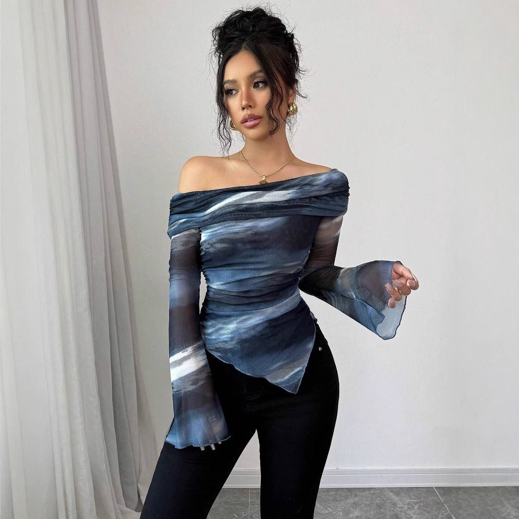Women's knitted mesh printing one-word collar off-shoulder long-sleeved slim-fitting T-shirt top