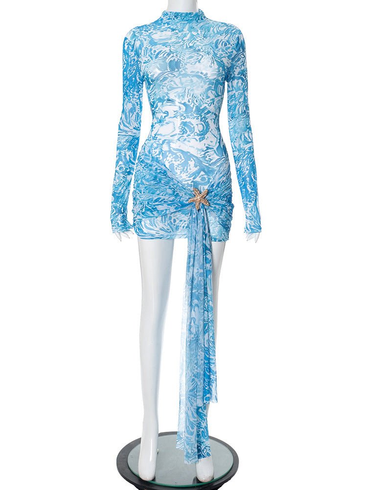 Women's long-sleeved contrasting color printing tight-fitting hip-wrapped pleated ribbon short dress