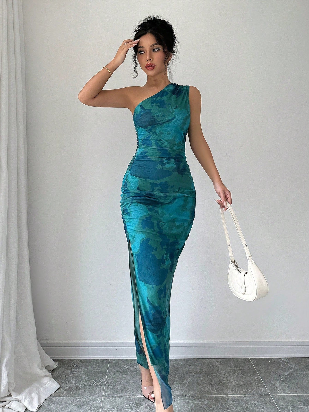 Women's Luxury Evening Dress, Tie Dye Print Asymmetrical Neckline Sleeveless Sxy Dress