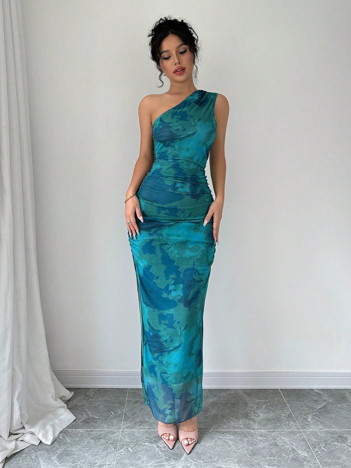 Women's Luxury Evening Dress, Tie Dye Print Asymmetrical Neckline Sleeveless Sxy Dress