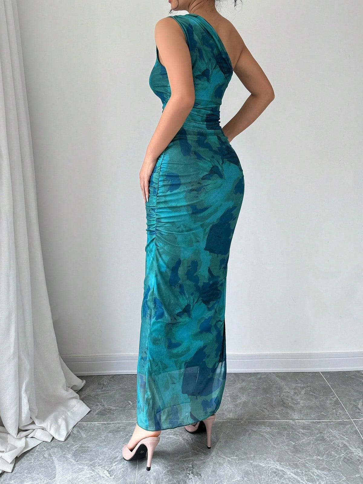 Women's Luxury Evening Dress, Tie Dye Print Asymmetrical Neckline Sleeveless Sxy Dress