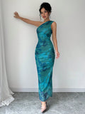 Women's Luxury Evening Dress, Tie Dye Print Asymmetrical Neckline Sleeveless Sxy Dress