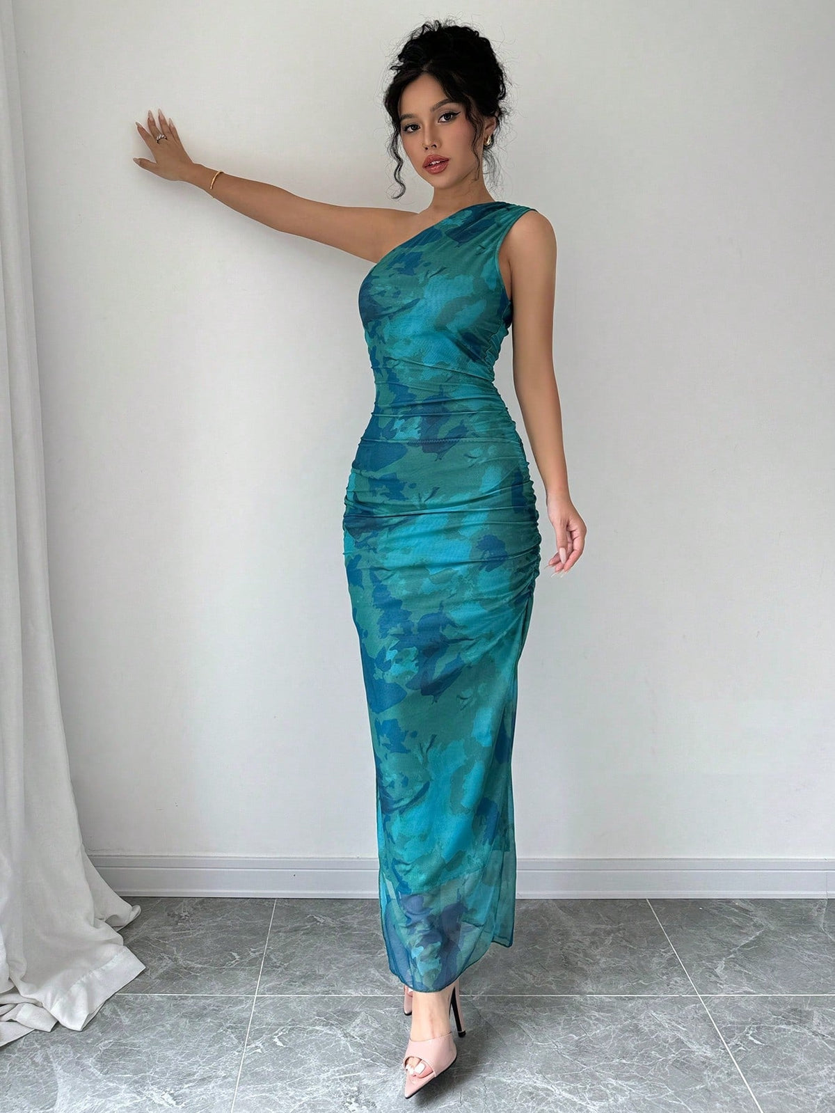Women's Luxury Evening Dress, Tie Dye Print Asymmetrical Neckline Sleeveless Sxy Dress