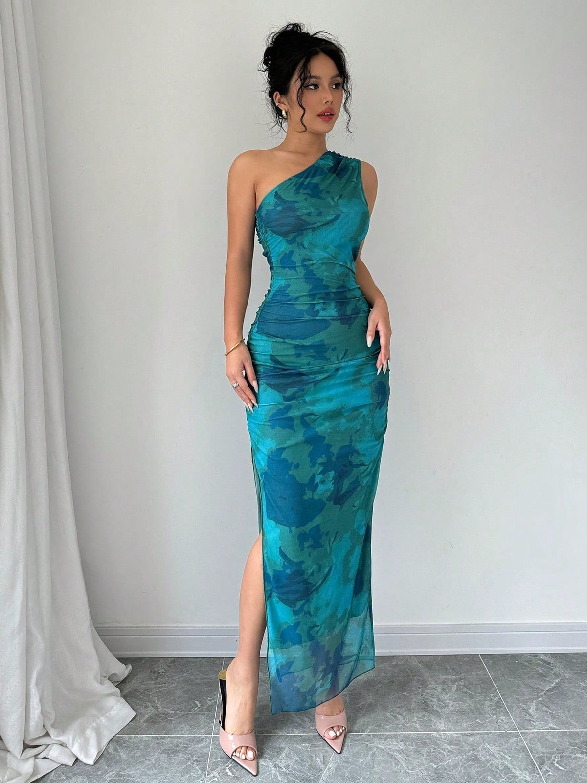 Women's Luxury Evening Dress, Tie Dye Print Asymmetrical Neckline Sleeveless Sxy Dress
