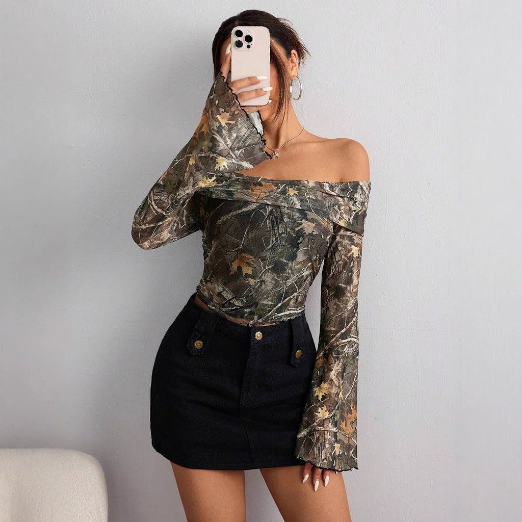 Women's mesh printing one-word collar off-shoulder long-sleeved slim-fitting T-shirt