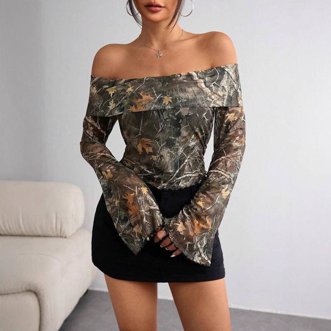Women's mesh printing one-word collar off-shoulder long-sleeved slim-fitting T-shirt