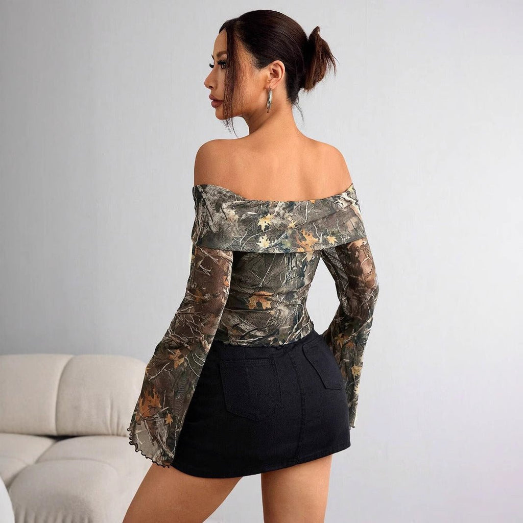 Women's mesh printing one-word collar off-shoulder long-sleeved slim-fitting T-shirt