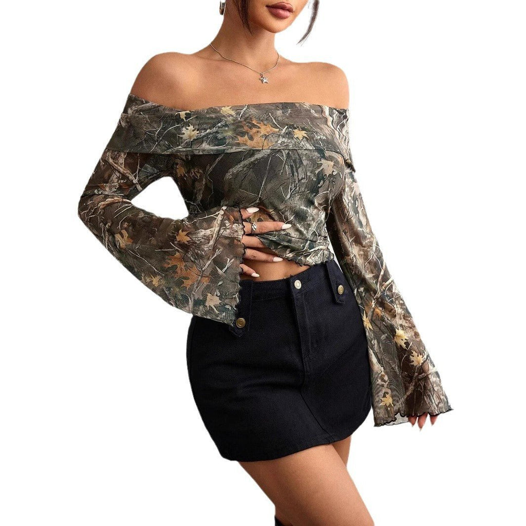 Women's mesh printing one-word collar off-shoulder long-sleeved slim-fitting T-shirt