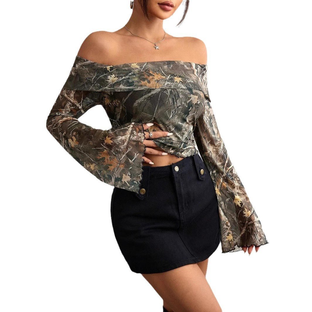 Women's mesh printing one-word collar off-shoulder long-sleeved slim-fitting T-shirt
