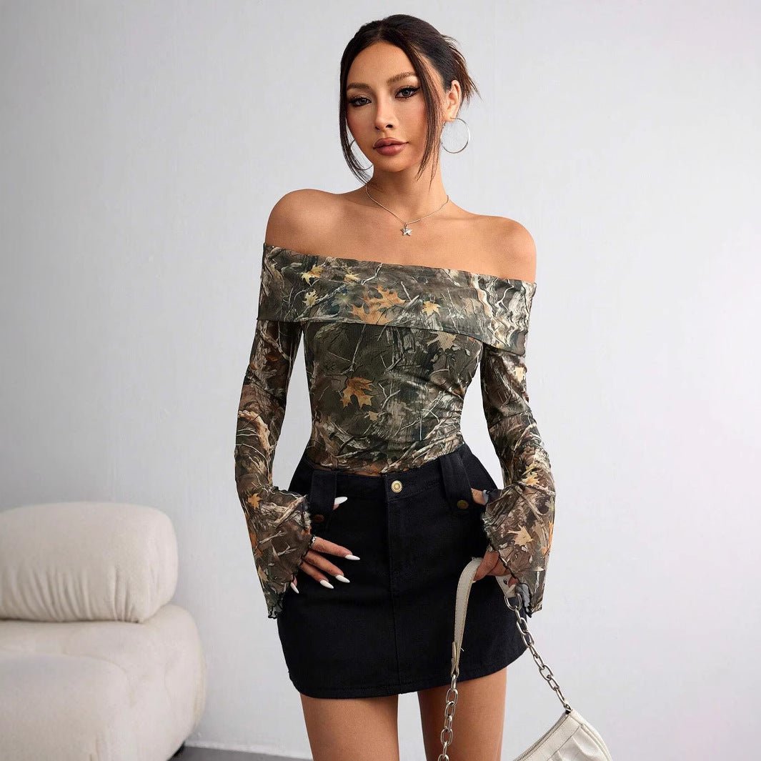 Women's mesh printing one-word collar off-shoulder long-sleeved slim-fitting T-shirt