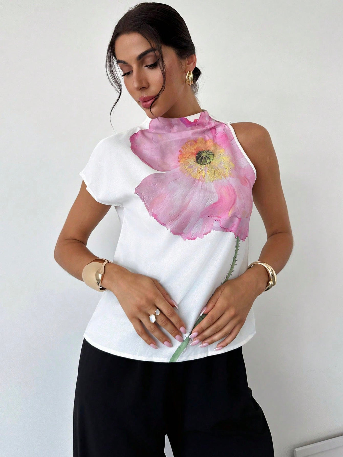 Women's One Shoulder Positioning Print Elegant Resort Shirt,Ladies Elegant Appliques,Button Sleeveless Stand Collar Regular Fit Regular White Batwing Sleeve Top Women Blouses,Spring/Summer,Casual Daily Wear
