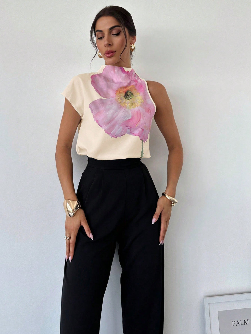 Women's One Shoulder Positioning Print Elegant Resort Shirt,Ladies Elegant Appliques,Button Sleeveless Stand Collar Regular Fit Regular White Batwing Sleeve Top Women Blouses,Spring/Summer,Casual Daily Wear