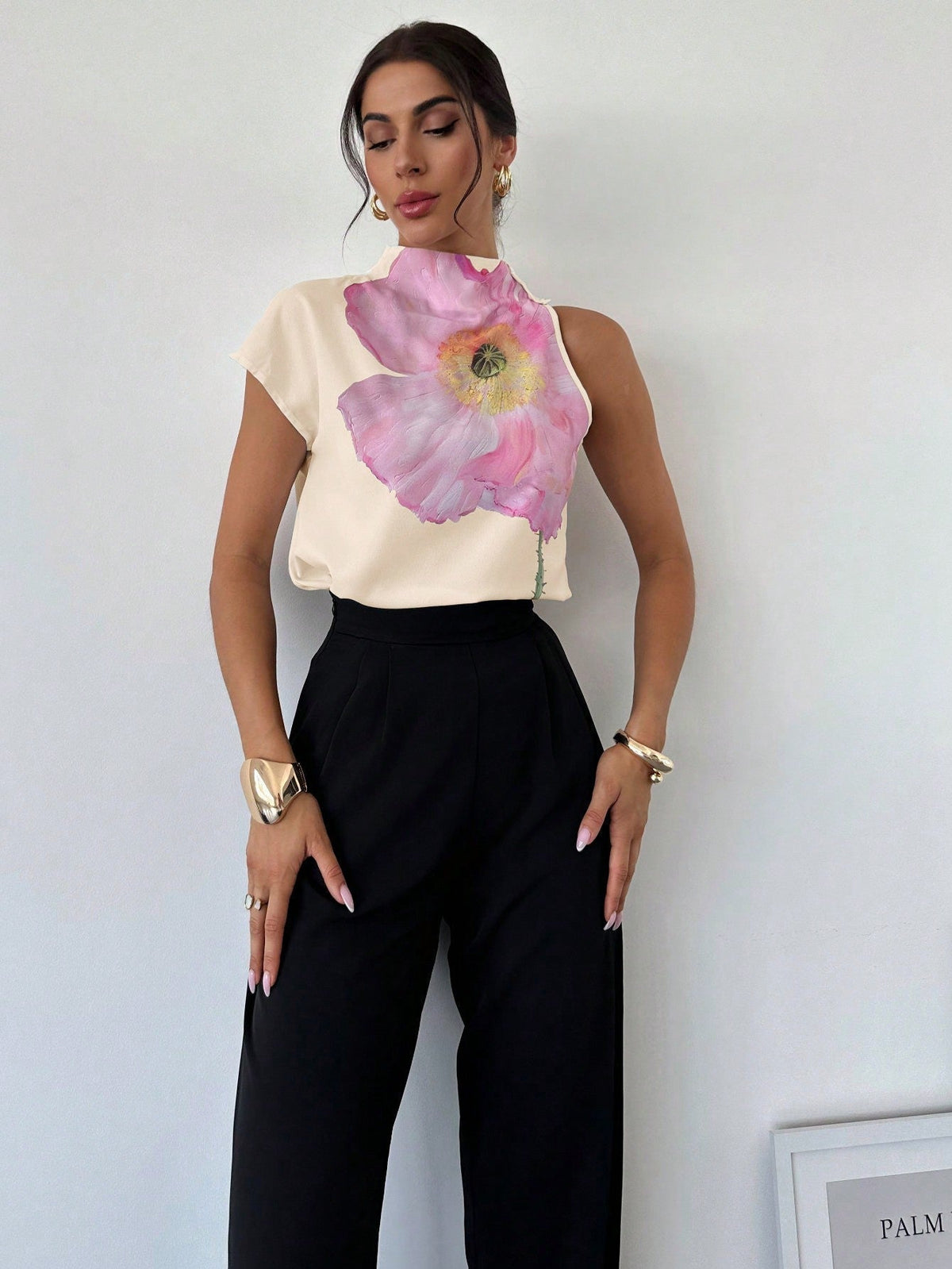 Women's One Shoulder Positioning Print Elegant Resort Shirt,Ladies Elegant Appliques,Button Sleeveless Stand Collar Regular Fit Regular White Batwing Sleeve Top Women Blouses,Spring/Summer,Casual Daily Wear
