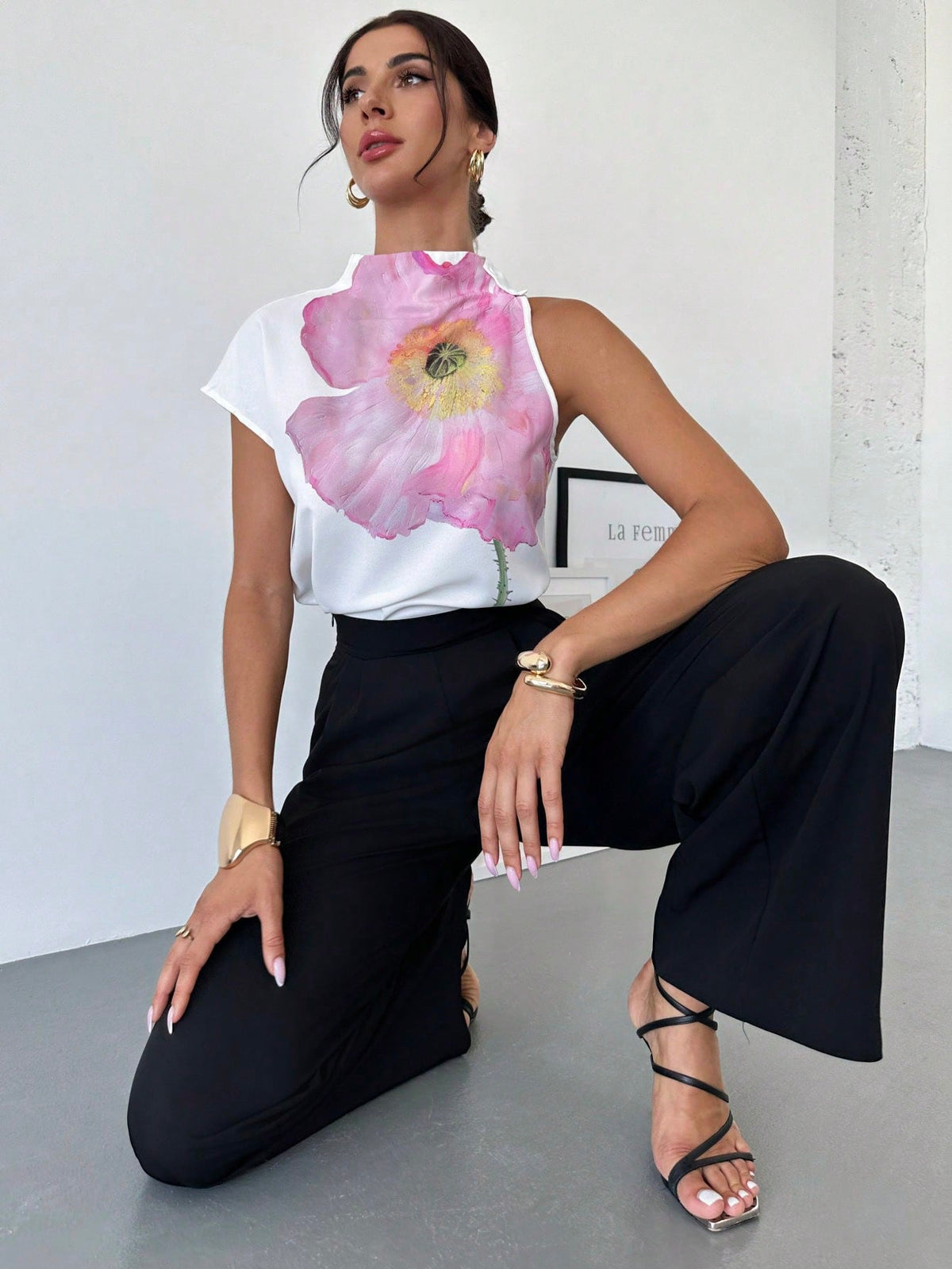 Women's One Shoulder Positioning Print Elegant Resort Shirt,Ladies Elegant Appliques,Button Sleeveless Stand Collar Regular Fit Regular White Batwing Sleeve Top Women Blouses,Spring/Summer,Casual Daily Wear