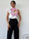 Women's One Shoulder Positioning Print Elegant Resort Shirt,Ladies Elegant Appliques,Button Sleeveless Stand Collar Regular Fit Regular White Batwing Sleeve Top Women Blouses,Spring/Summer,Casual Daily Wear