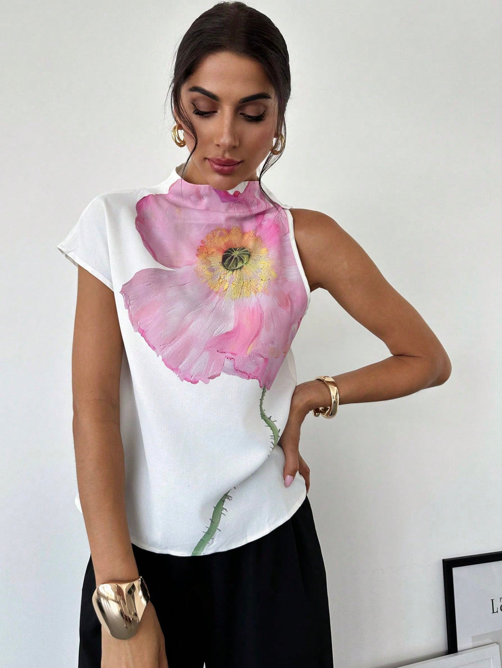 Women's One Shoulder Positioning Print Elegant Resort Shirt,Ladies Elegant Appliques,Button Sleeveless Stand Collar Regular Fit Regular White Batwing Sleeve Top Women Blouses,Spring/Summer,Casual Daily Wear