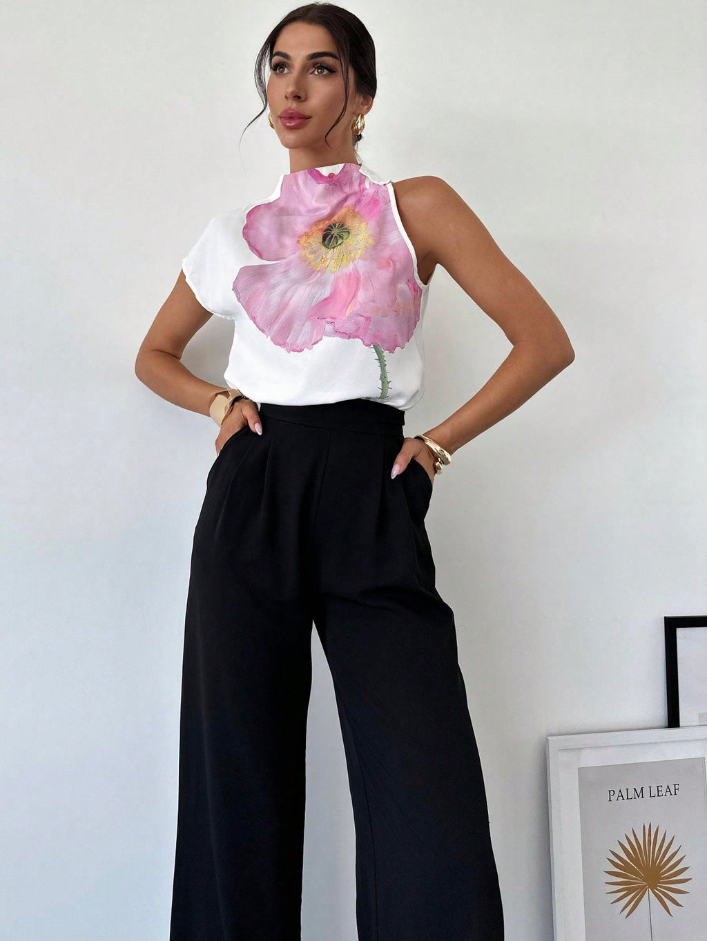 Women's One Shoulder Positioning Print Elegant Resort Shirt,Ladies Elegant Appliques,Button Sleeveless Stand Collar Regular Fit Regular White Batwing Sleeve Top Women Blouses,Spring/Summer,Casual Daily Wear