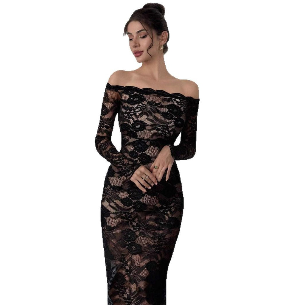 The Off-Shoulder Enchantment | Women's Lace Geometric Off-Shoulder Maxi Dress
