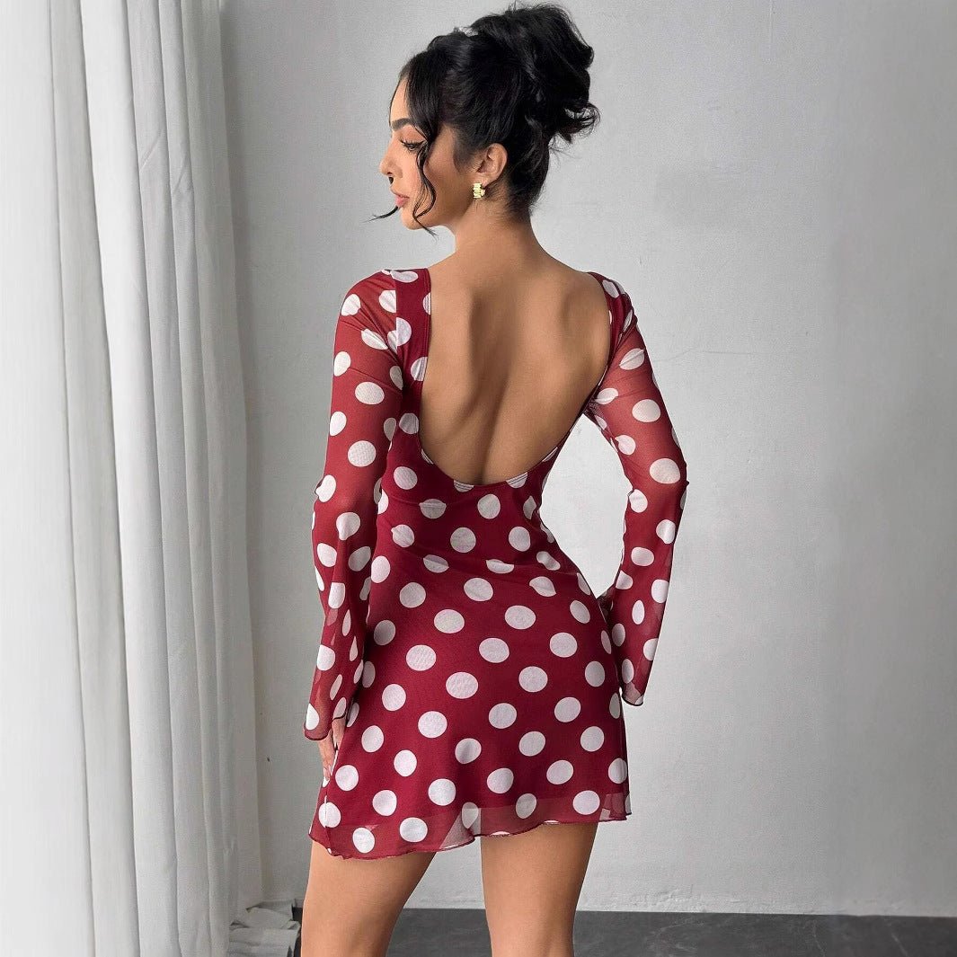 The Polka Seduction | Women's Polka Dot Mesh Horn Sleeve Hip-Wrap Mini Dress